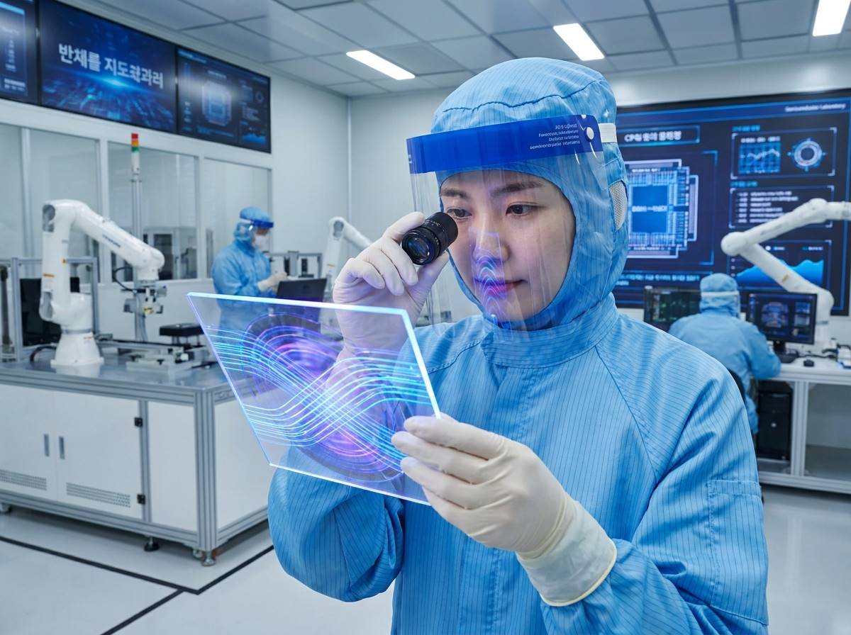 현대적인 반도체 연구실에서 엔지니어가 빛이 흐르는 차세대 CPO 기판을 정밀하게 검수하는 모습