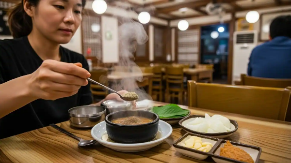 순댓국 식당에서 손님이 국밥에 들깨 가루를 수저로 넣고 있는 모습