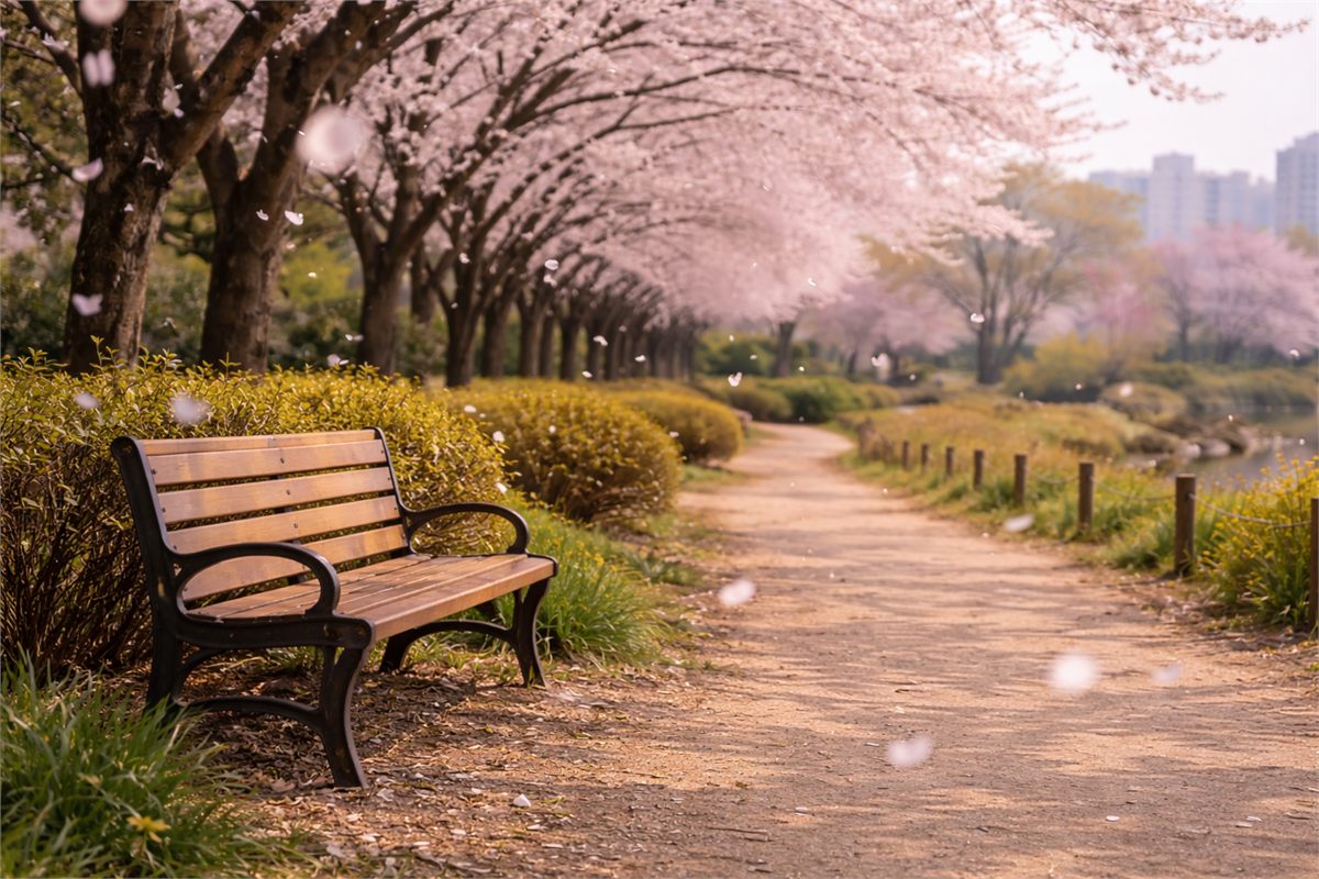 공원 벤치 위로 벚꽃잎이 흩날리는 봄 장면 