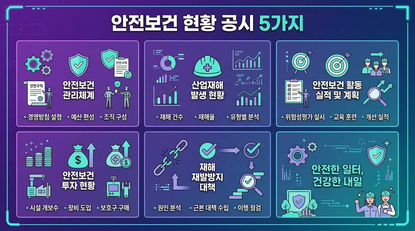 안전보건 현황 공시 5가지 항목을 보여주는 그리드 인포그래픽