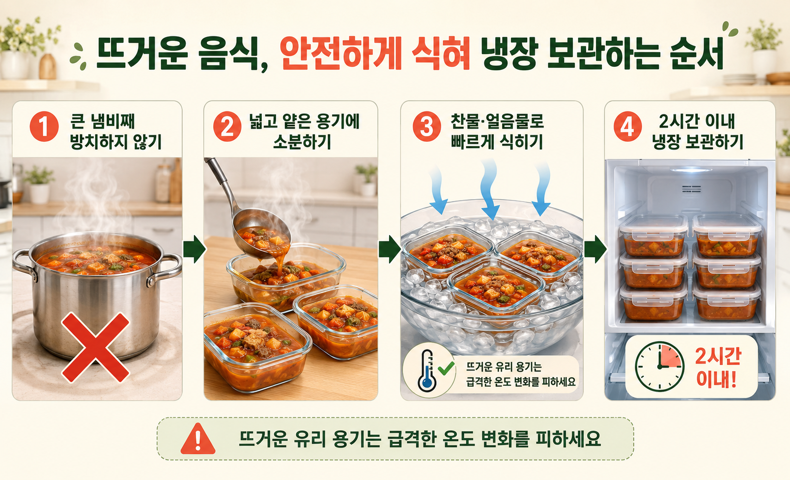 남은 뜨거운 음식을 안전하게 식혀 냉장 보관하는 올바른 순서를 설명하는 이미지