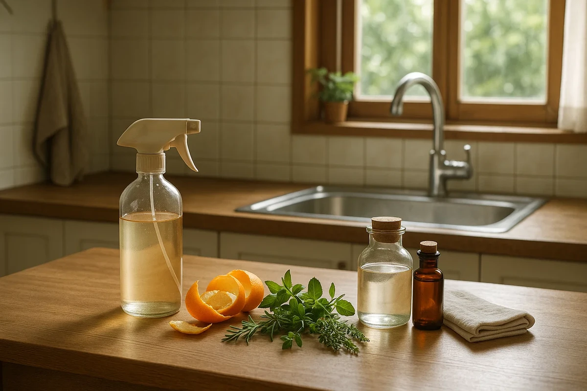 깔끔한 주방에서 초파리가 완전히 사라진 모습, 스프레이와 천연 재료들이 정리된 상태