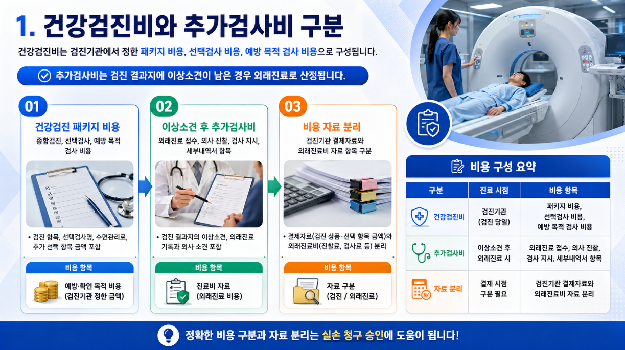 건강검진비와 추가검사비의 구분 기준, 비용 자료 분리를 설명한 16:9 의료 인포그래픽