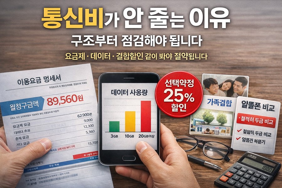 휴대폰 요금 고지서와 데이터 사용량, 선택약정 25퍼센트, 가족결합과 알뜰폰 비교가 함께 보이며 통신비가 여러 구조로 새는 모습을 설명하는 이미지