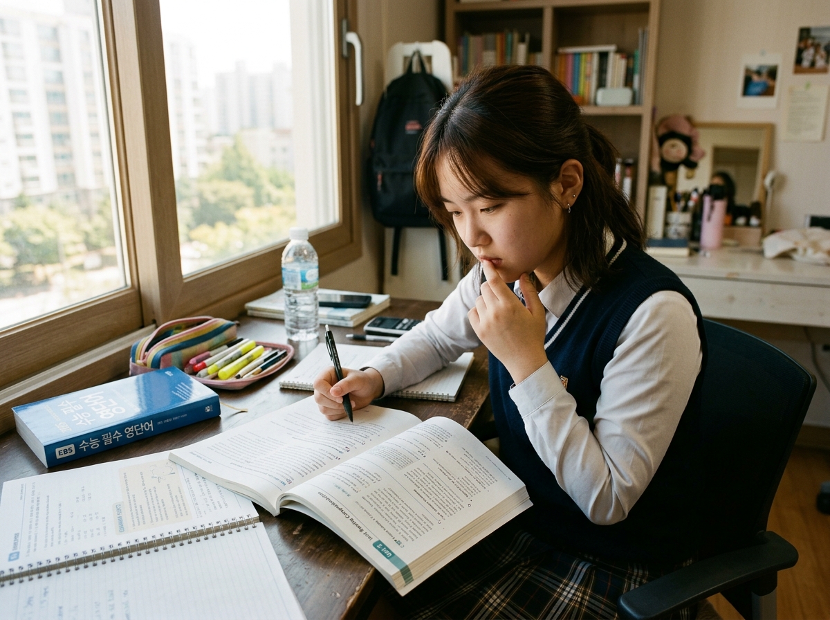 고등학생이 영어 문제 앞에서 고민하며 질문을 만드는 모습