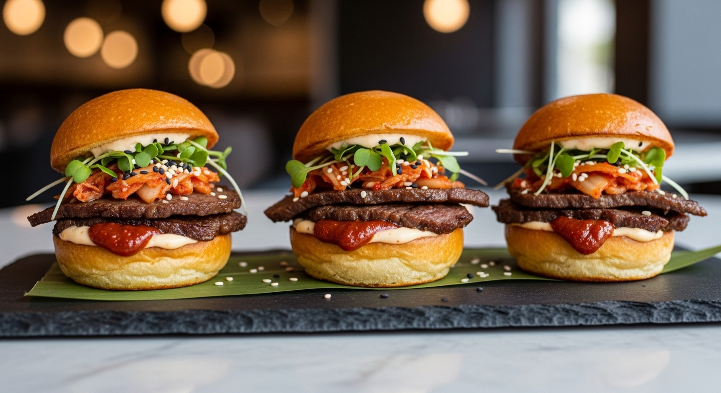 김치 타코나 불고기 슬라이더와 같은 현대적인 퓨전 한식 요리가 고급스럽게 플레이팅된 모습.