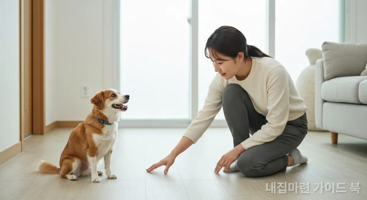 새롭게 꾸민 거실에서 미끄럼 방지 바닥재를 확인하는 한국 여성과 강아지