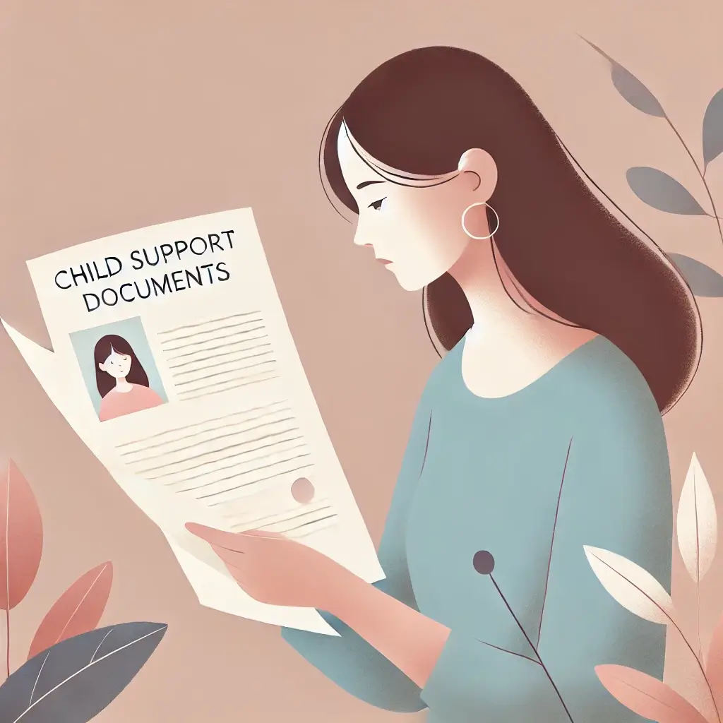 아동 양육비 서류를 읽는 여성 일러스트
