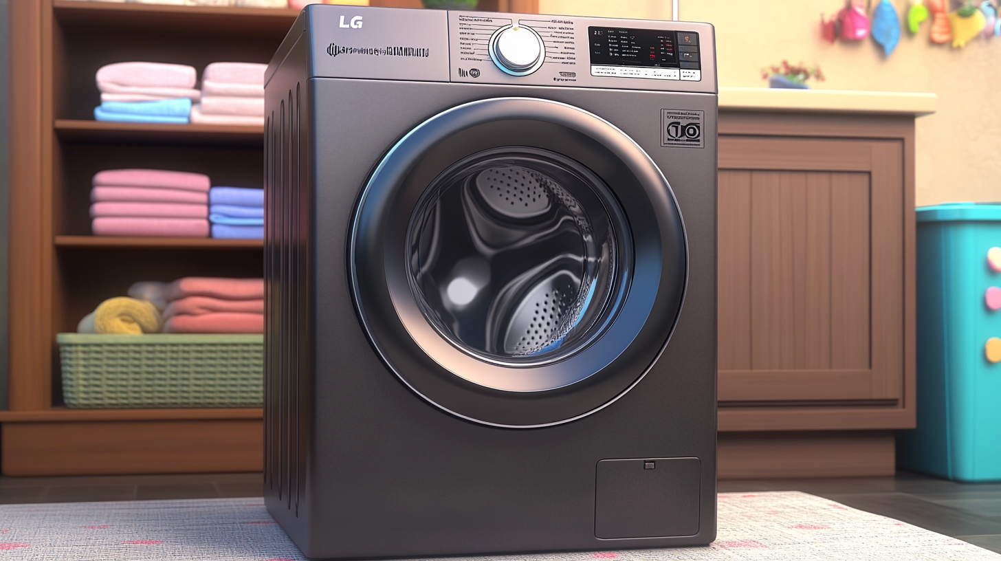 현대적인 미니멀리즘 디자인의 LG 트롬 세탁기가 있는 세탁실. 매끄러운 전면 패널과 조화로운 색채 구성으로 실물처럼 묘사된 모습