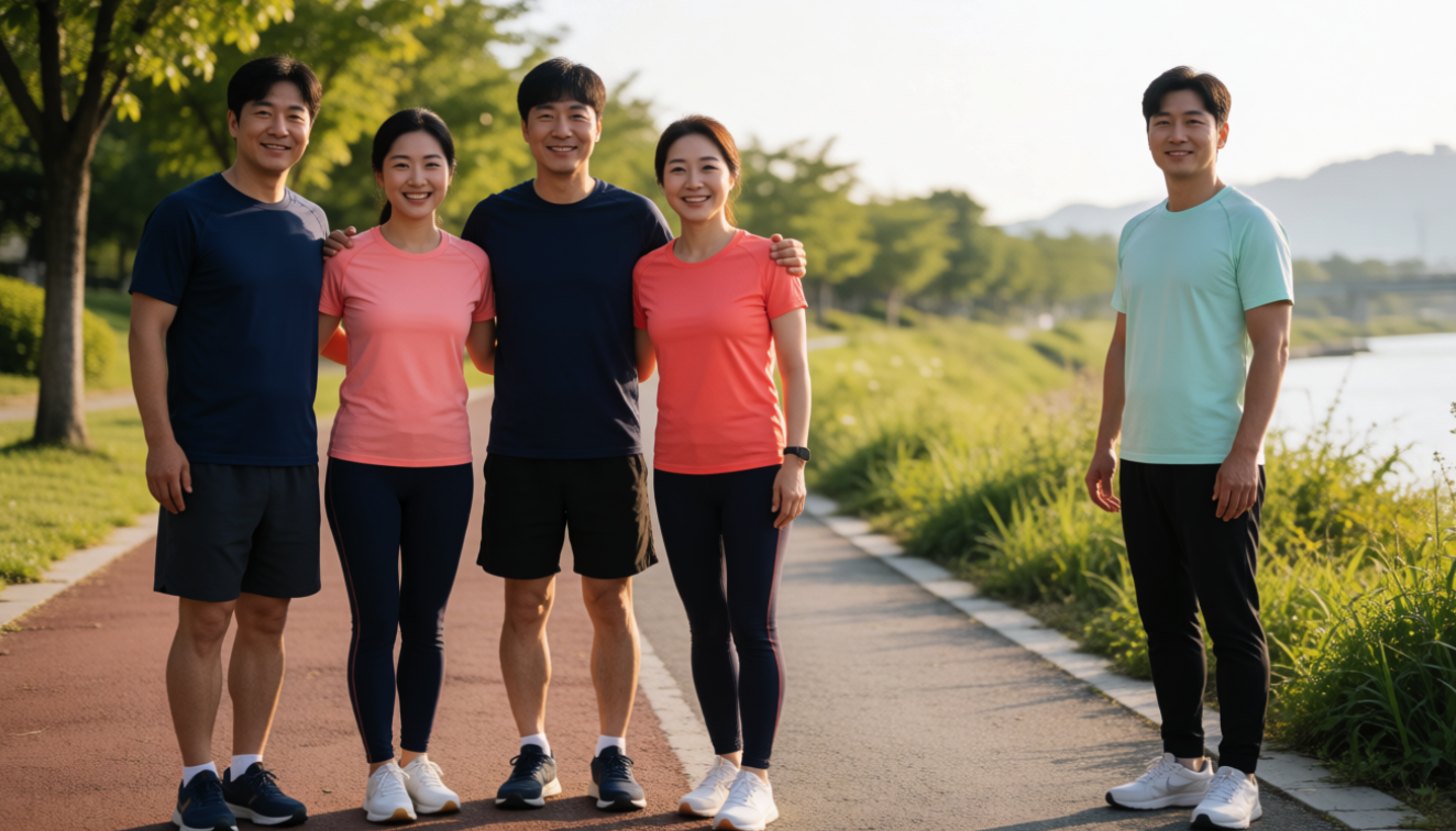 강변 러닝길에서 네 명이 함께 서고 한 명이 떨어져 서 있는 모습