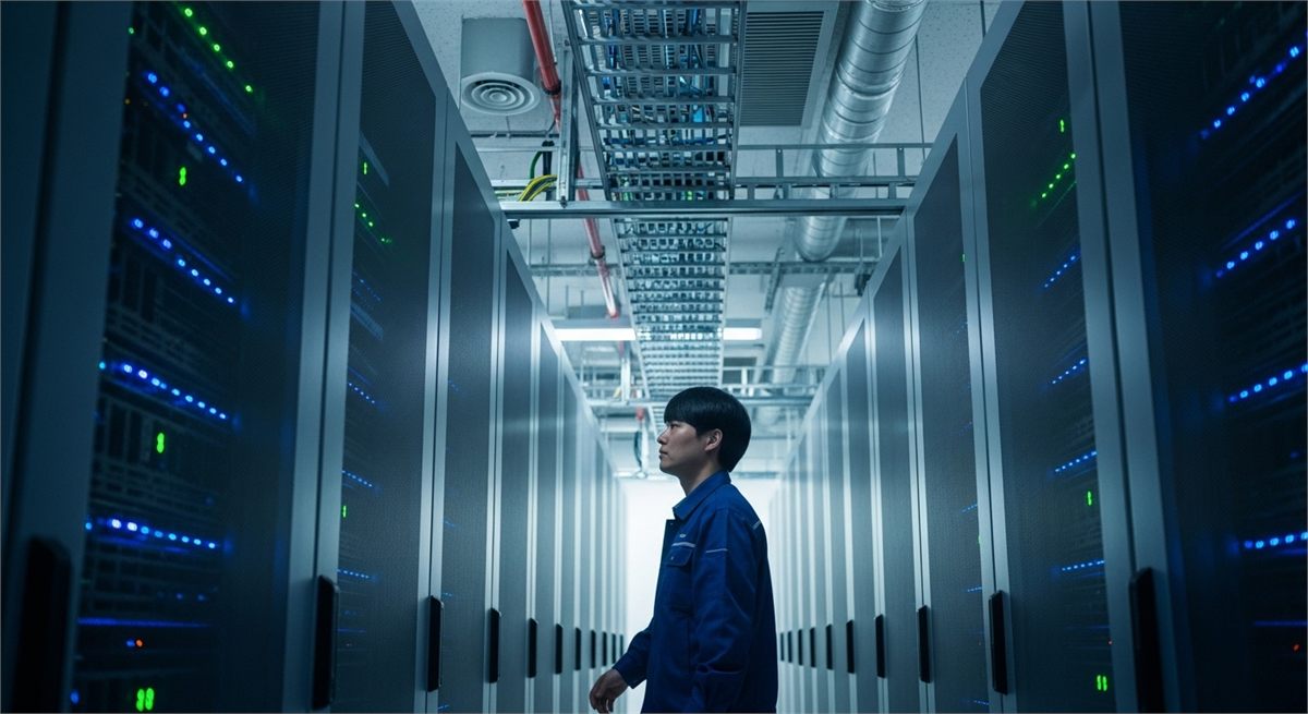 AI 서버실 통로에서 장비 상태를 확인하는 한국인 기술자 장면 