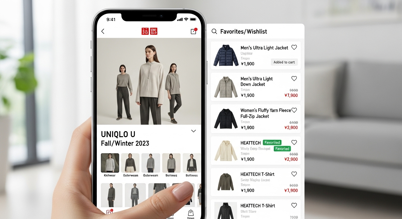 유니클로 앱의 메인 화면과 찜 목록 화면이 보이는 스마트폰