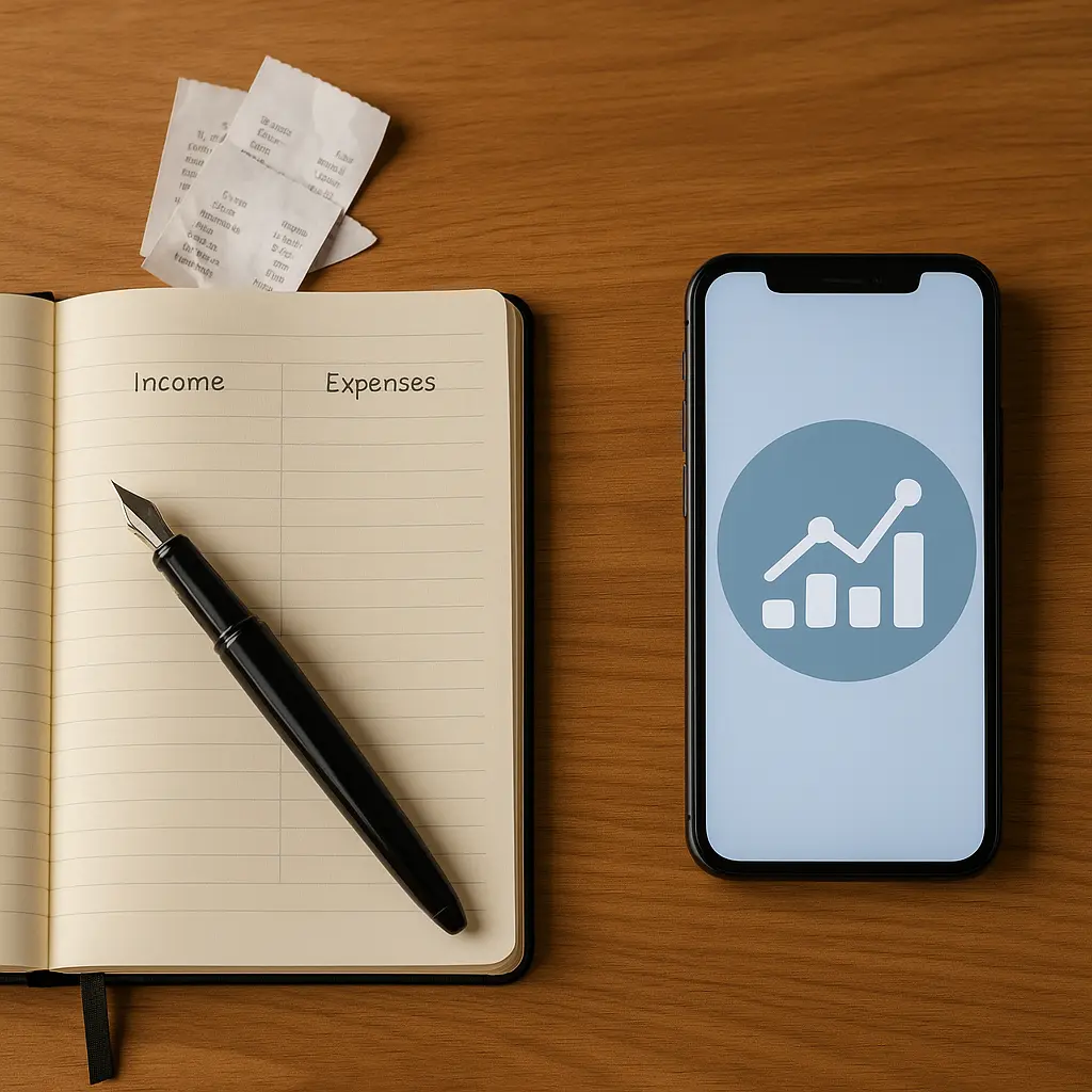 따뜻한-목재-테이블 위에-왼쪽에는-크림색-종이가계부-펜과-영수증이-놓여있고-오른쪽에는-현대적인-스마트폰-화면에-스타일화된-재정-아이콘이-표시된-장면
