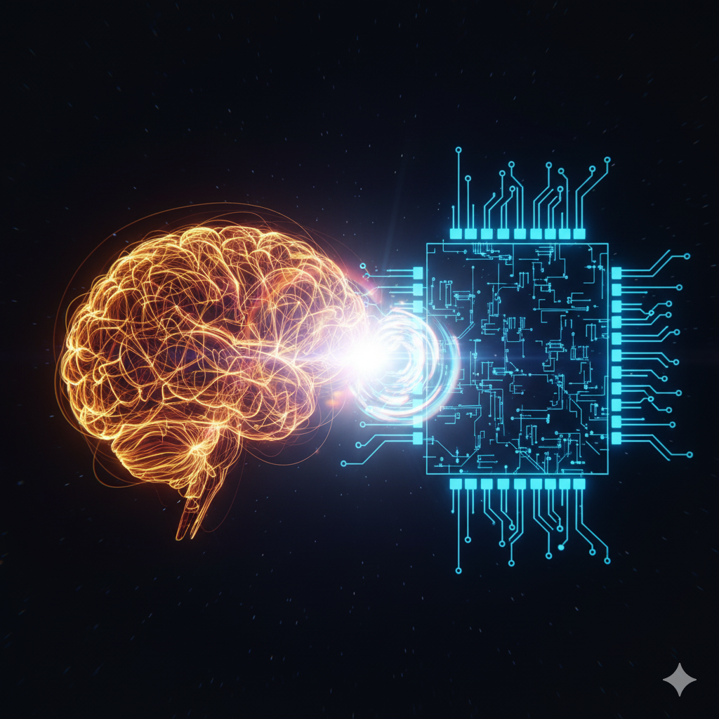 인간의 뇌와 AI 칩이 악수하듯 연결되어 시너지를 내는 모습의 추상적 시각화.