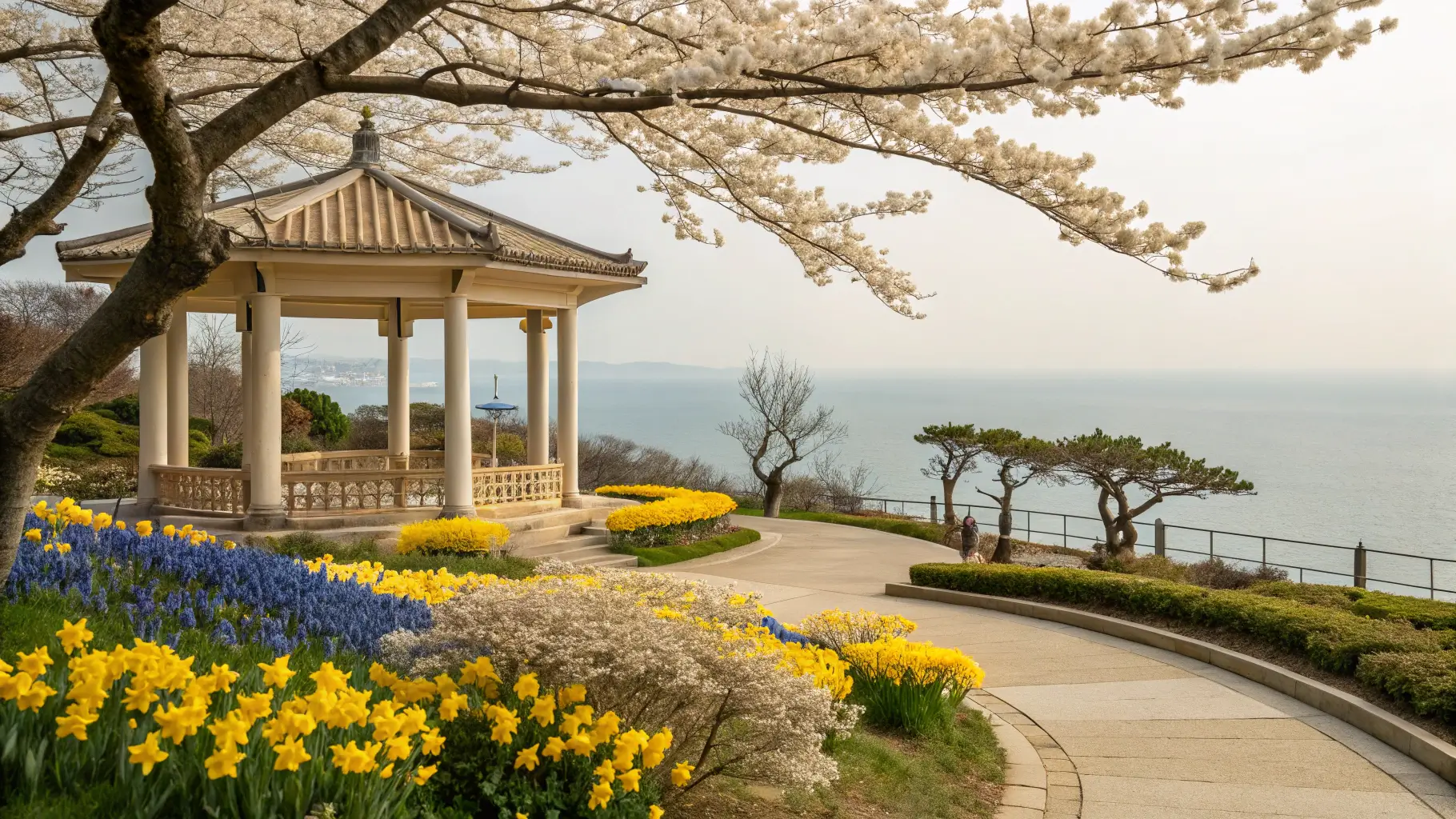 coastal botanical garden with magnolia trees in full bloom