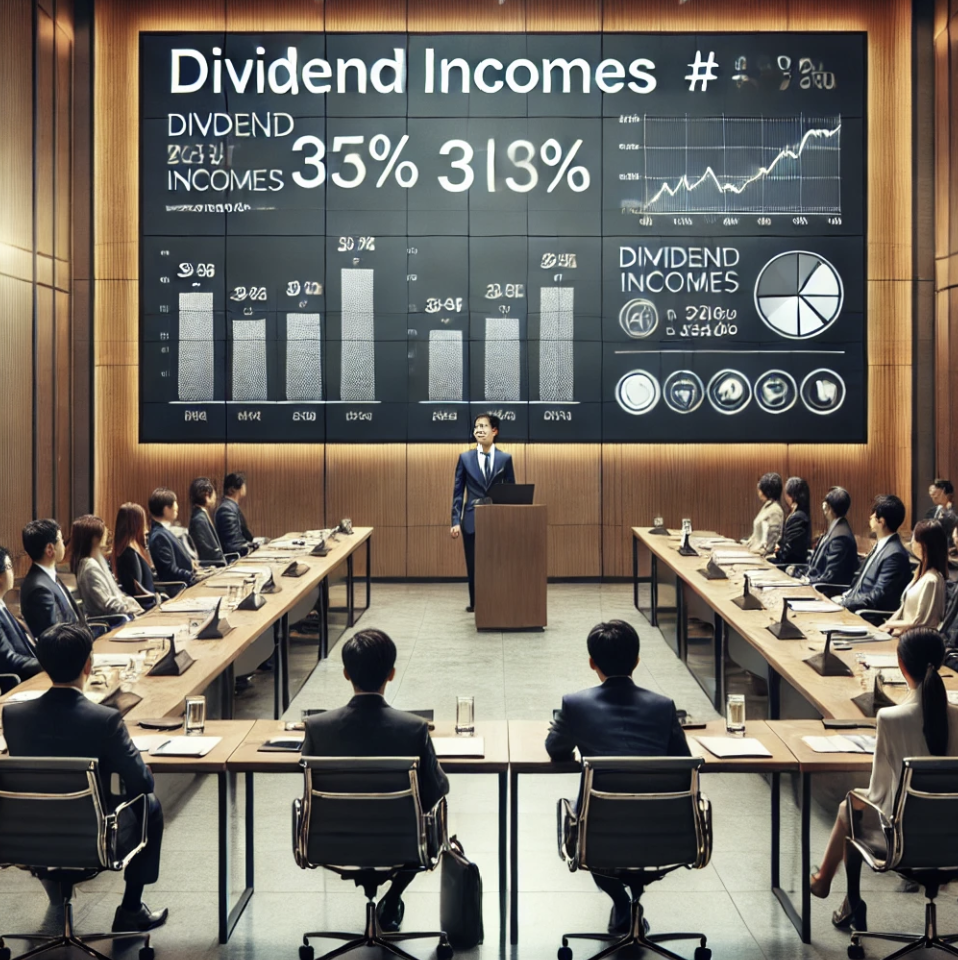 회의실에서 배당 소득에 대해 발표하는 금융 전문가