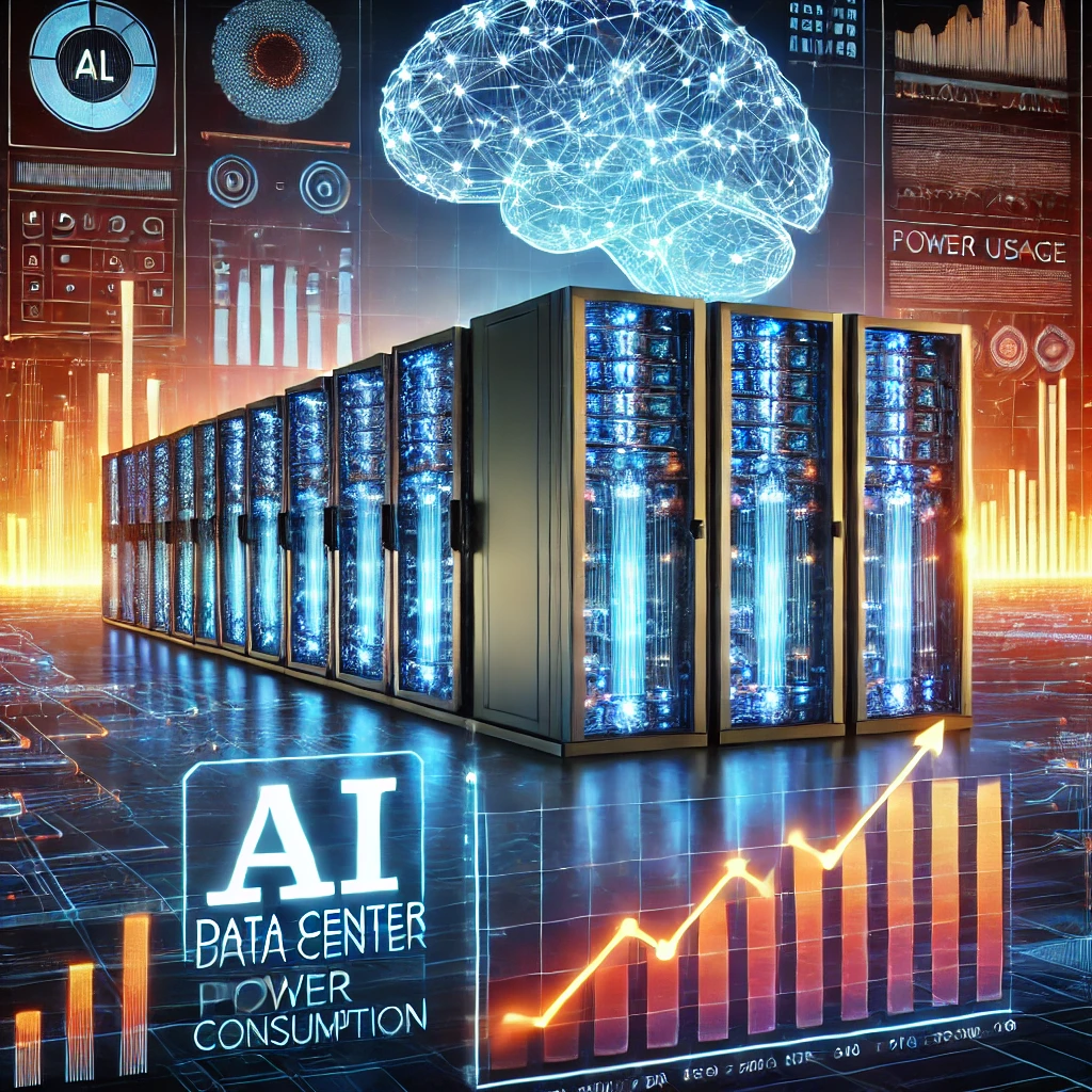 AI 데이터센터의 전력 소비 증가&amp;#44; 고출력 서버와 에너지 흐름이 강조된 미래형 시설