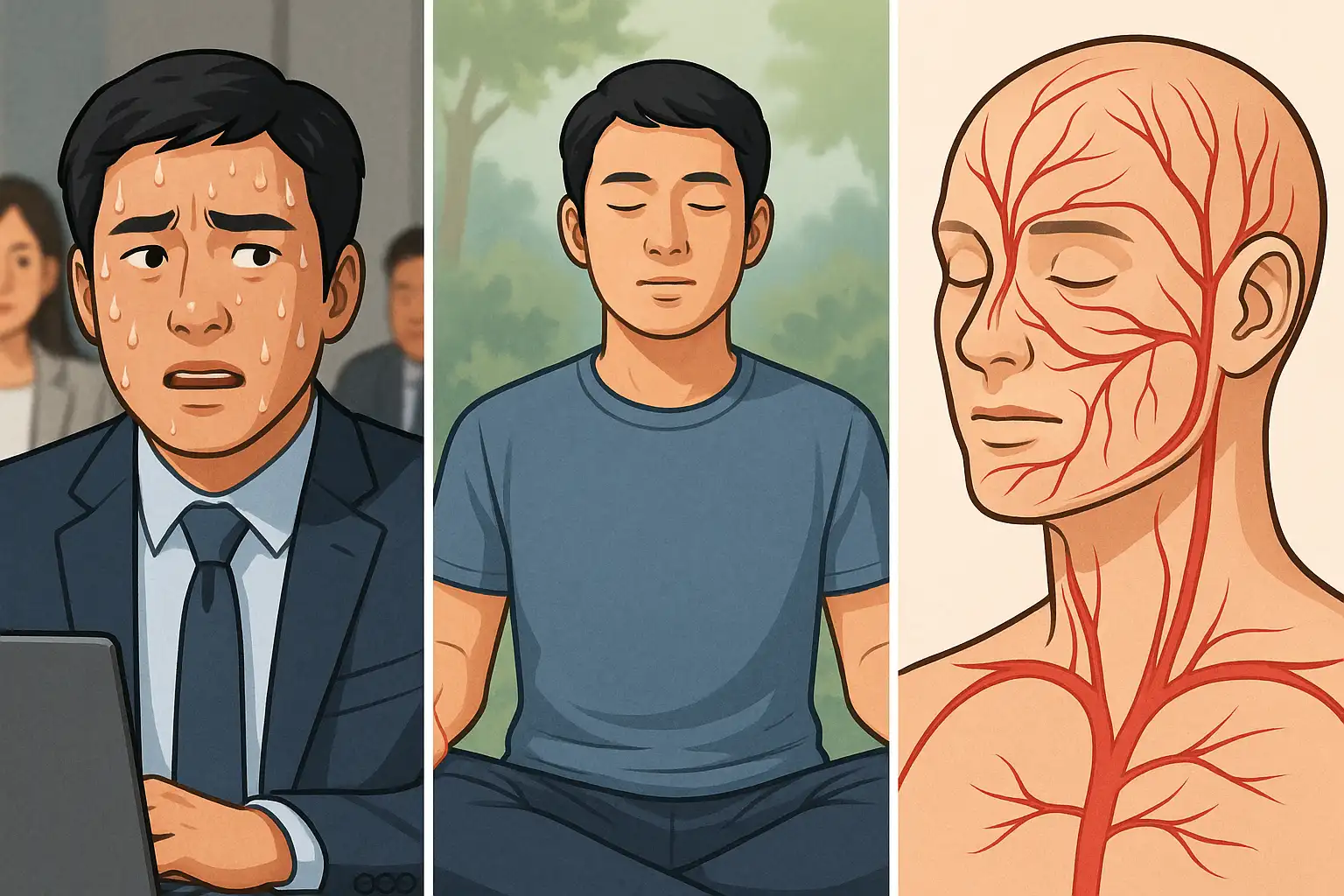 회의 중 긴장한 얼굴에 땀이 맺힌 사람, 명상하는 사람과 얼굴에 붉은 혈류를 강조한 신체 구조도