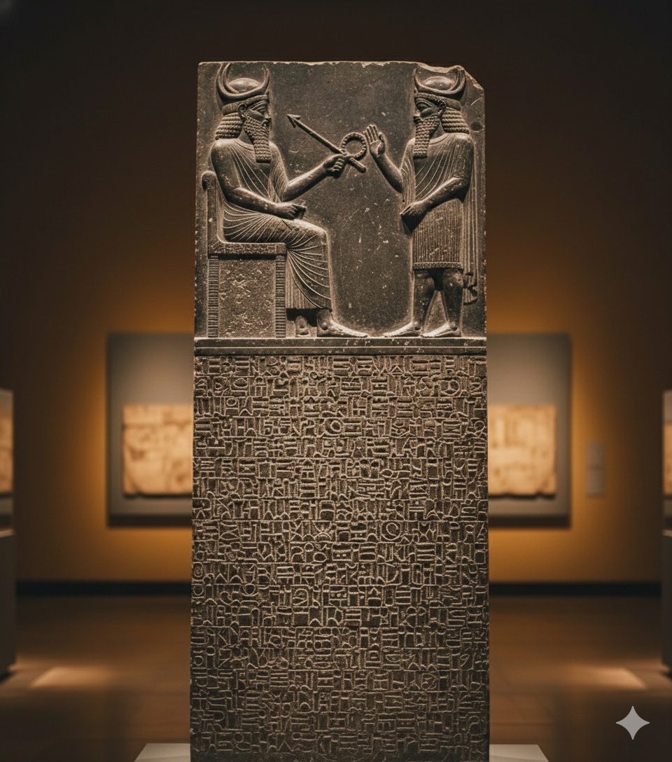 A tall basalt stele featuring the Code of Hammurabi, showing the relief carving of King Hammurabi receiving laws from the sun god Shamash at the top, with dense cuneiform inscriptions covering the lower section, displayed in a museum setting.