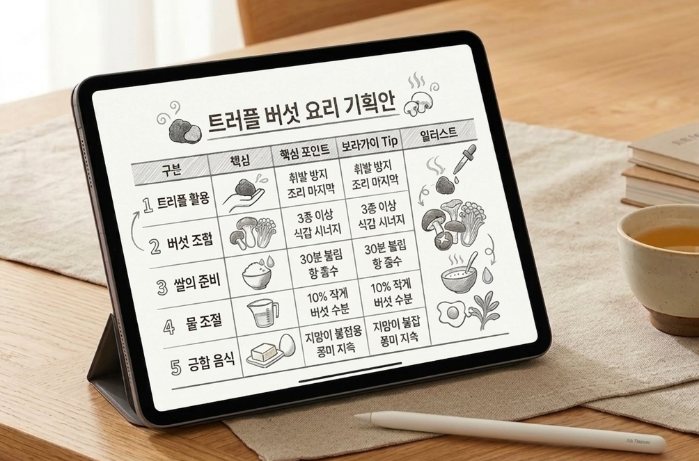 따뜻한 분위기의 나무 식탁 위에 놓인 아이패드 화면에 '트러플 버섯 요리 기획안'이라는 제목의 표가 그려져 있다. 표는 '구분', '핵심', '핵심 포인트', '보라카이 Tip', '일러스트' 항목으로 나뉘어 있으며, 트러플 활용부터 버섯 조합, 쌀 준비, 물 조절, 궁합 음식까지 5단계의 상세한 조리 전략이 손글씨와 정교한 일러스트로 기재되어 있다. 화면 오른쪽에는 차 한 잔과 아기자기한 소품들이 놓여 있고, 아이패드 하단에는 깔끔한 아이패드용 펜슬이 배치되어 있어, 요리 연구가가 정성껏 레시피를 구상하는 감성적인 주방의 한 장면을 보여준다.