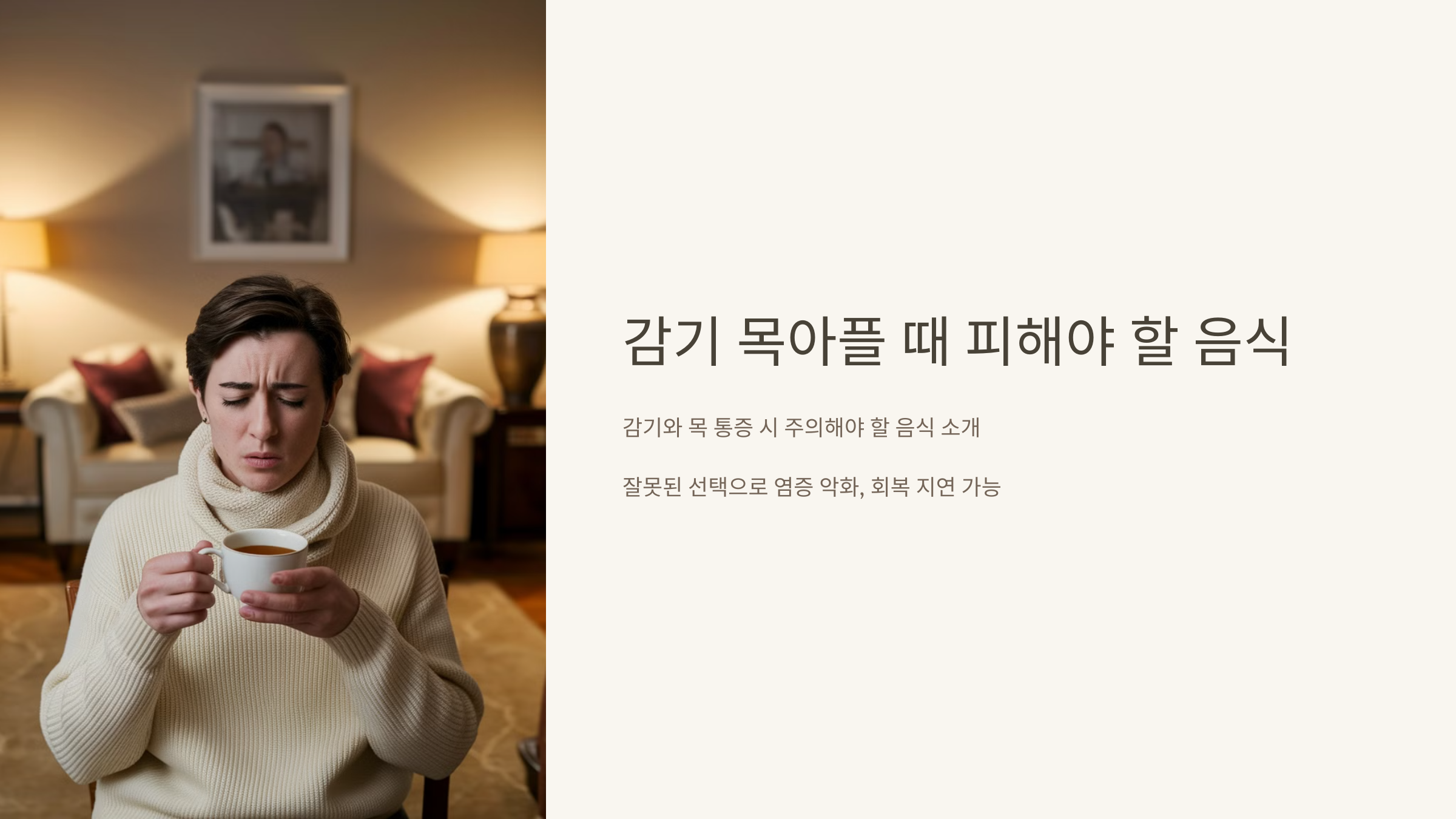 감기 목아플 때 피해야 할 음식 이라는 글과 인상을 쓰고 차를 마시려고 들고 있는 남성의 모습