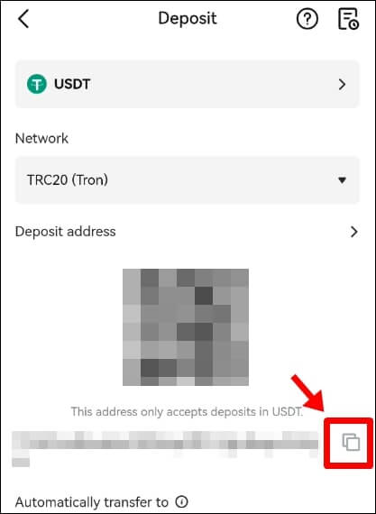 USDT 입금 주소가 나타난 창, 복사하기 버튼을 가리키고 있다.