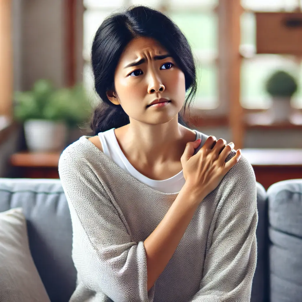 어깨 통증 원인을 고민하며 집에서 어깨를 마사지하는 동양인 여성