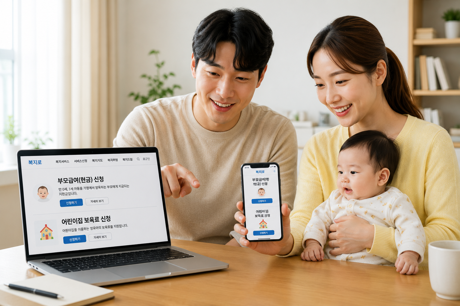 부모급여와 어린이집 보육료 신청 방법을 확인하는 부모의 모습