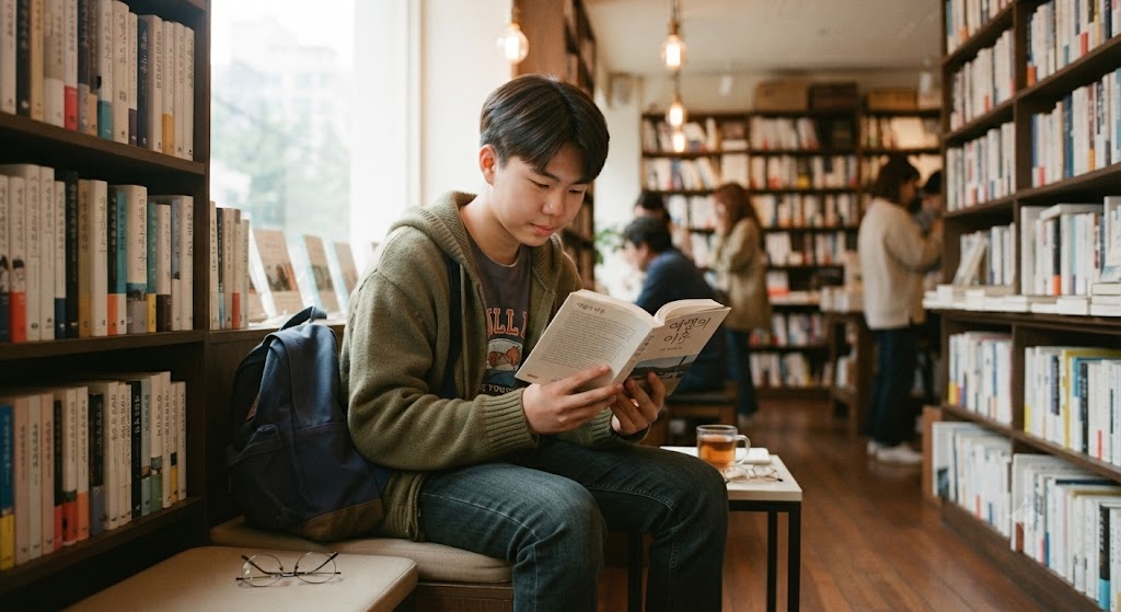 기초생활수급자 청소년이 문화누리카드 지원 받고 서점에서 책 읽고 있는 모습