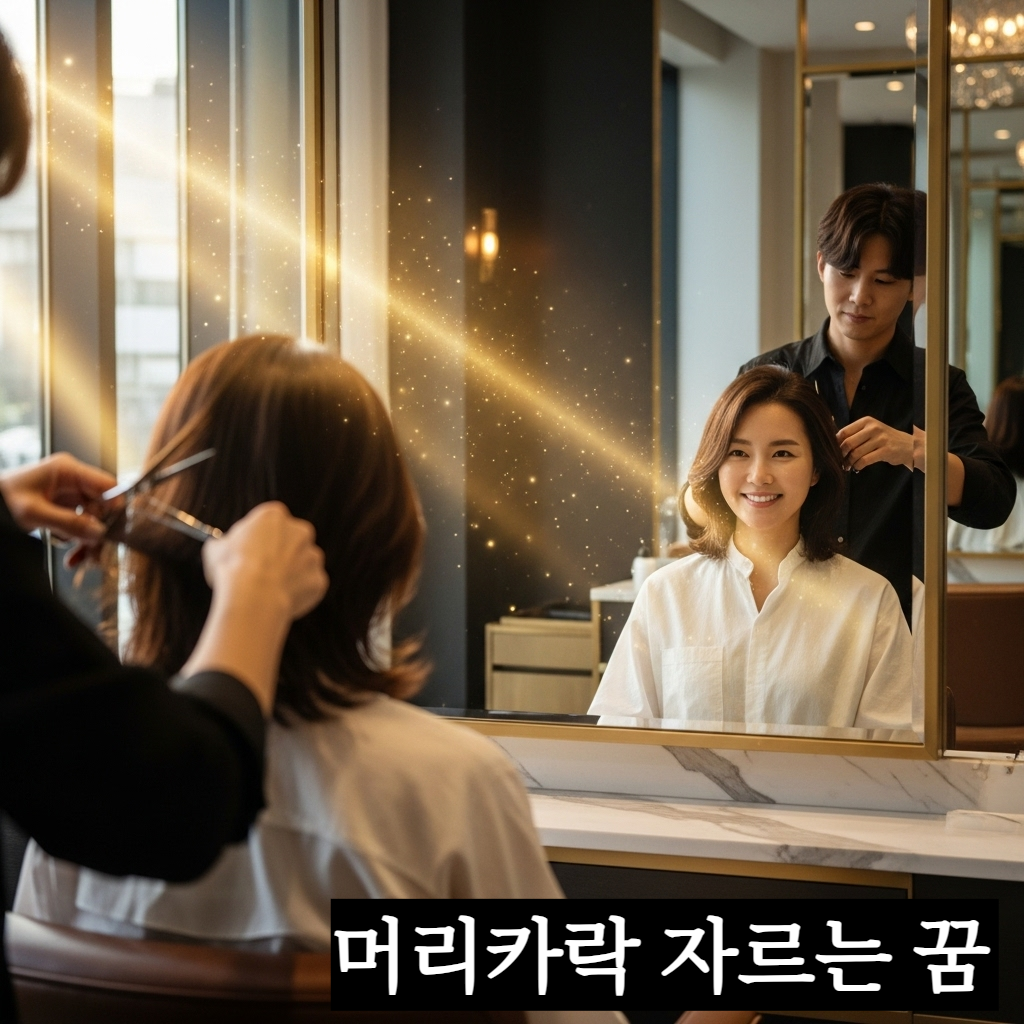 따스한 아침 햇살이 비치는 세련된 헤어 살롱에서 머리카락을 자르며 새로운 시작을 결심하는 현대적인 한국인 여성의 결연하고 밝은 모습