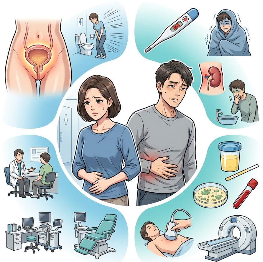 배뇨통 원인 및 동반 증상, 진료과 선택과 검사 종류를 한눈에 파악할 수 있도록 압축 정리한 정사각형 메디컬 일러스트