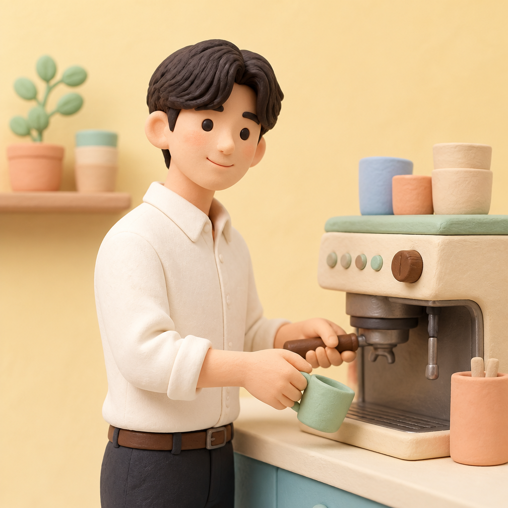 회사 탕비실에서 커피를 내리며 웃는 신입 직원