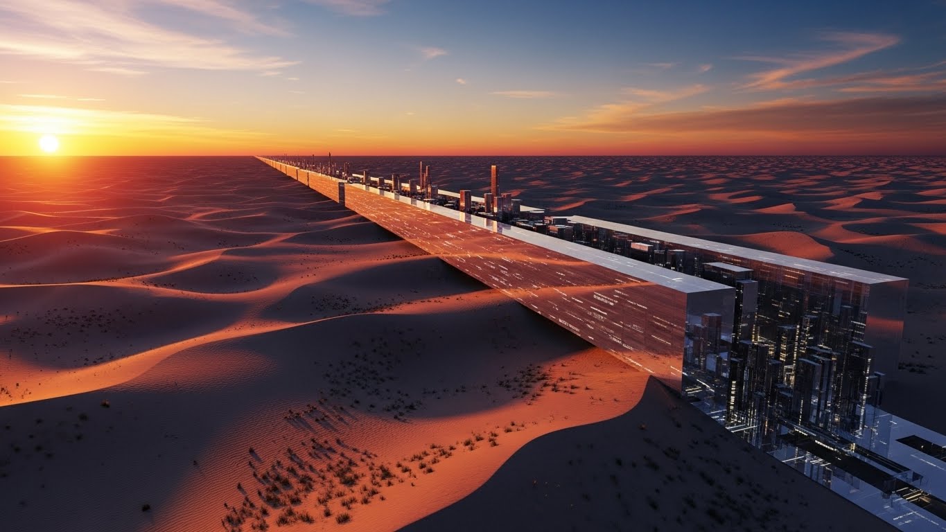 A busy construction site in the middle of the desert with a massive seawater desalination plant and state-of-the-art construction equipment (excavators, cranes). The South Korean flag is clearly visible on the equipment.