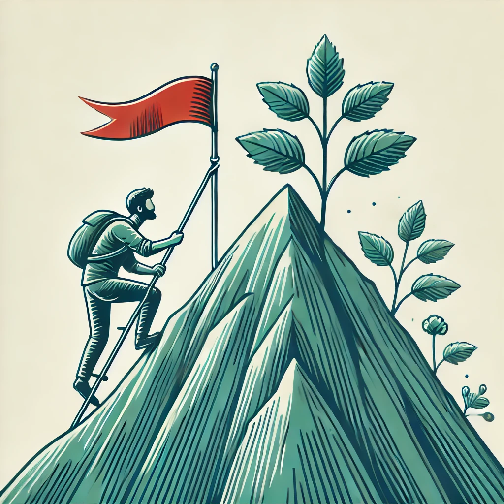 산을 오르는 사람이 정상에 꽂힌 깃발을 향해 나아가는 모습. 깃발은 목표를 상징하며, 등반자는 결의에 찬 자세로 산을 오르고 있다. 자연스럽고 교육적인 분위기의 일러스트.