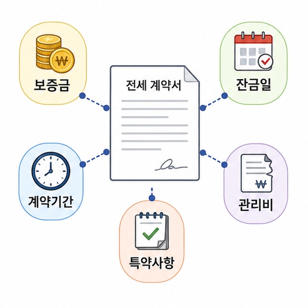 전세계약서에서 보증금, 잔금일, 계약기간, 관리비, 특약사항을 확인해야 함을 설명한 이미지