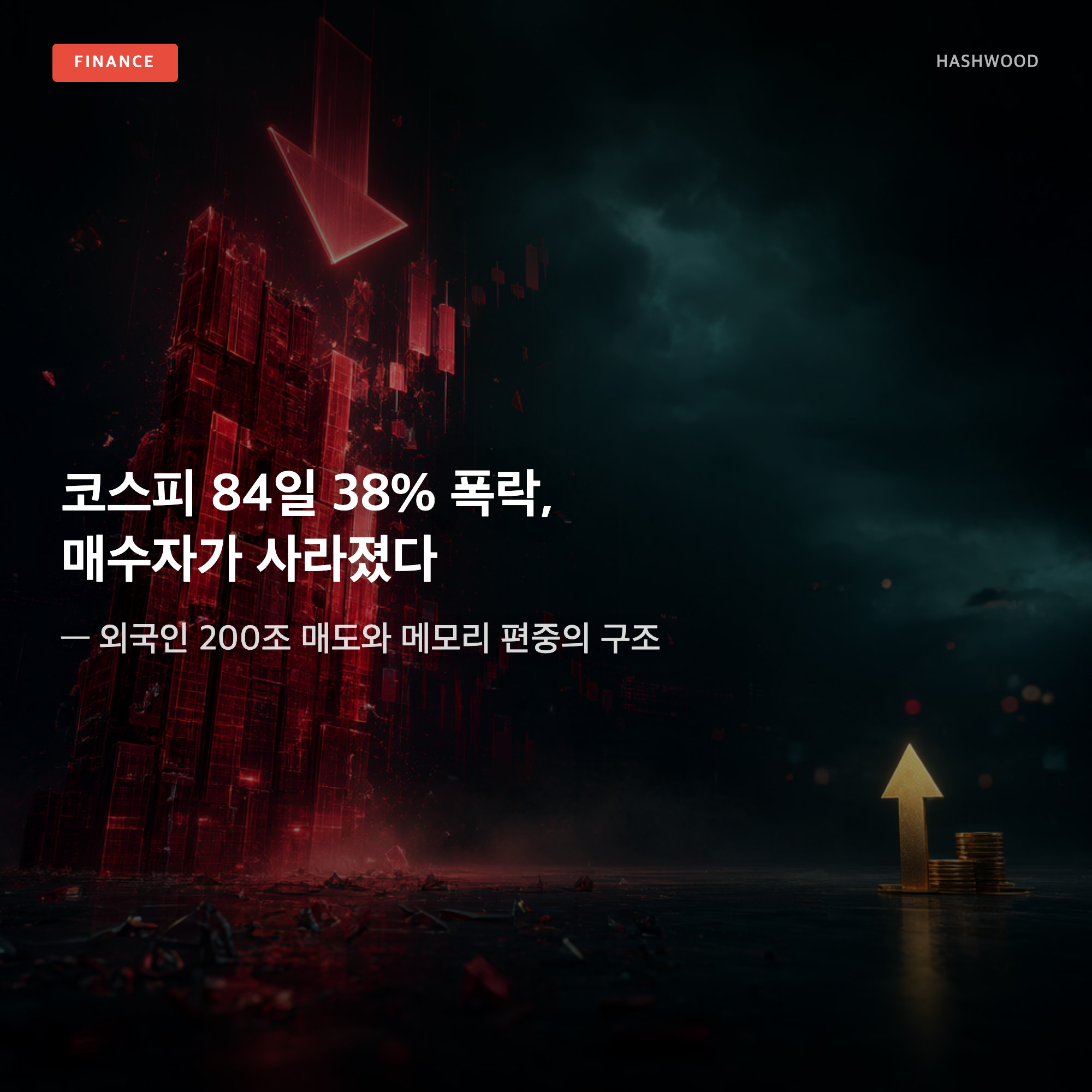그림: 코스피 84일 38% 폭락, 매수자가 사라졌다 — — 외국인 200조 매도와 메모리 편중의 구조