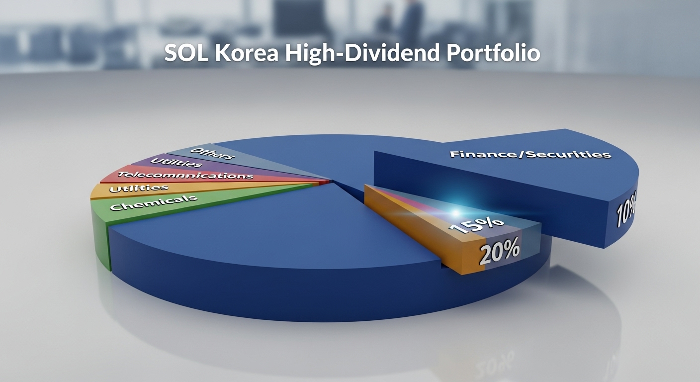 'SOL 코리아 고배당' ETF의 섹터 비중 그래프 (금융/증권주가 높은 비중을 차지하는 모습)