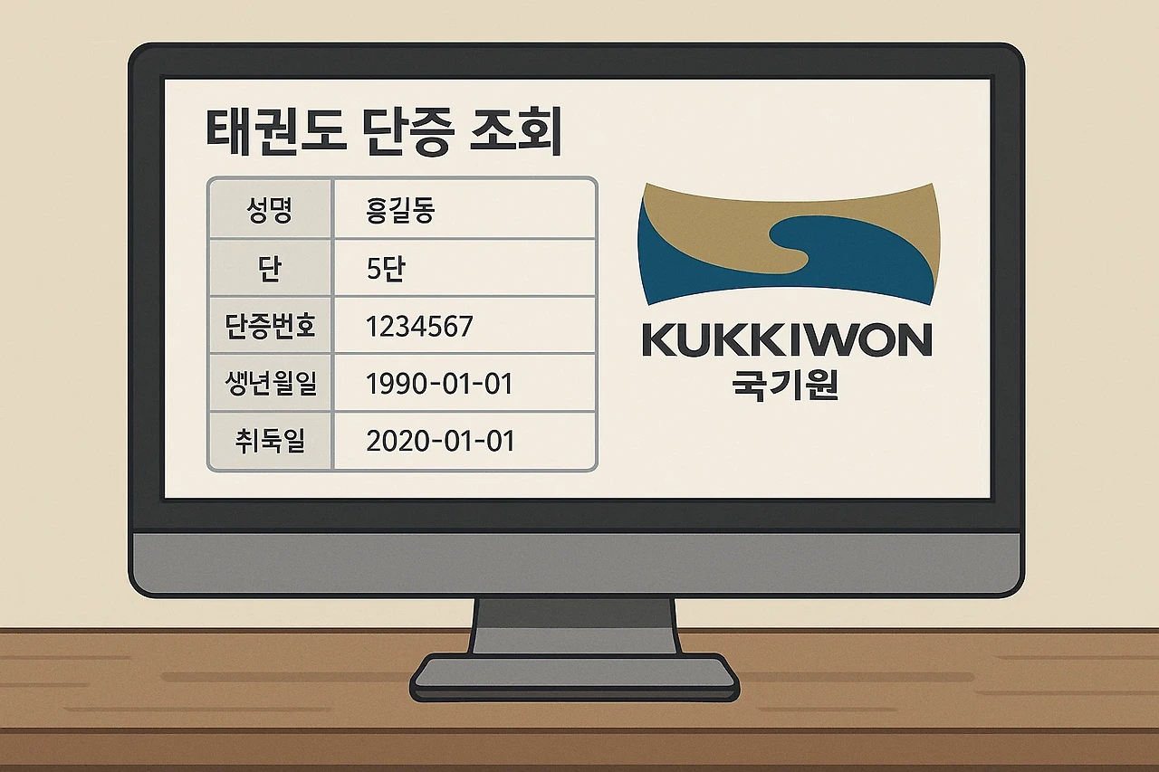 태권도 단증 조회 화면과 국기원 로고가 보이는 컴퓨터 화면 일러스트