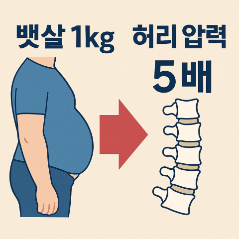 복부 지방 1kg 증가 시 척추에 가해지는 압력 변화