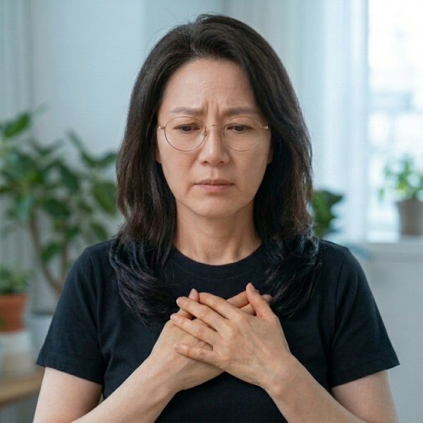가슴에 손을 얹고 걱정스러운 표정으로 서 있는 갱년기 중년 여성의 사진입니다.