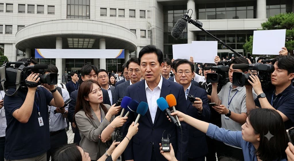오세훈 서울시장이 법원 앞에서 기자들에게 둘러싸인 모습,
밝은 낮 야외 배경, 텍스트 없음, 실사 느낌
