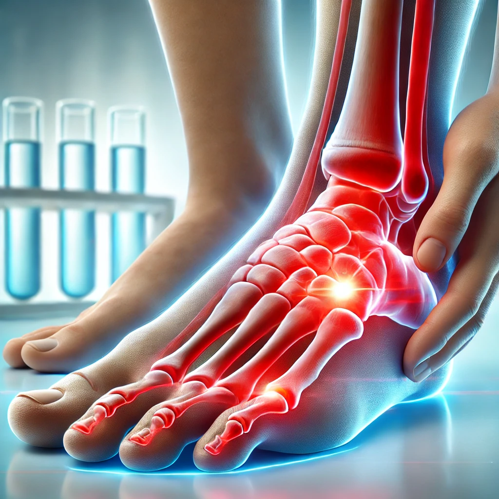 "통풍으로 인한 발가락 관절 염증 – 붓기와 통증을 강조한 의료 그림"