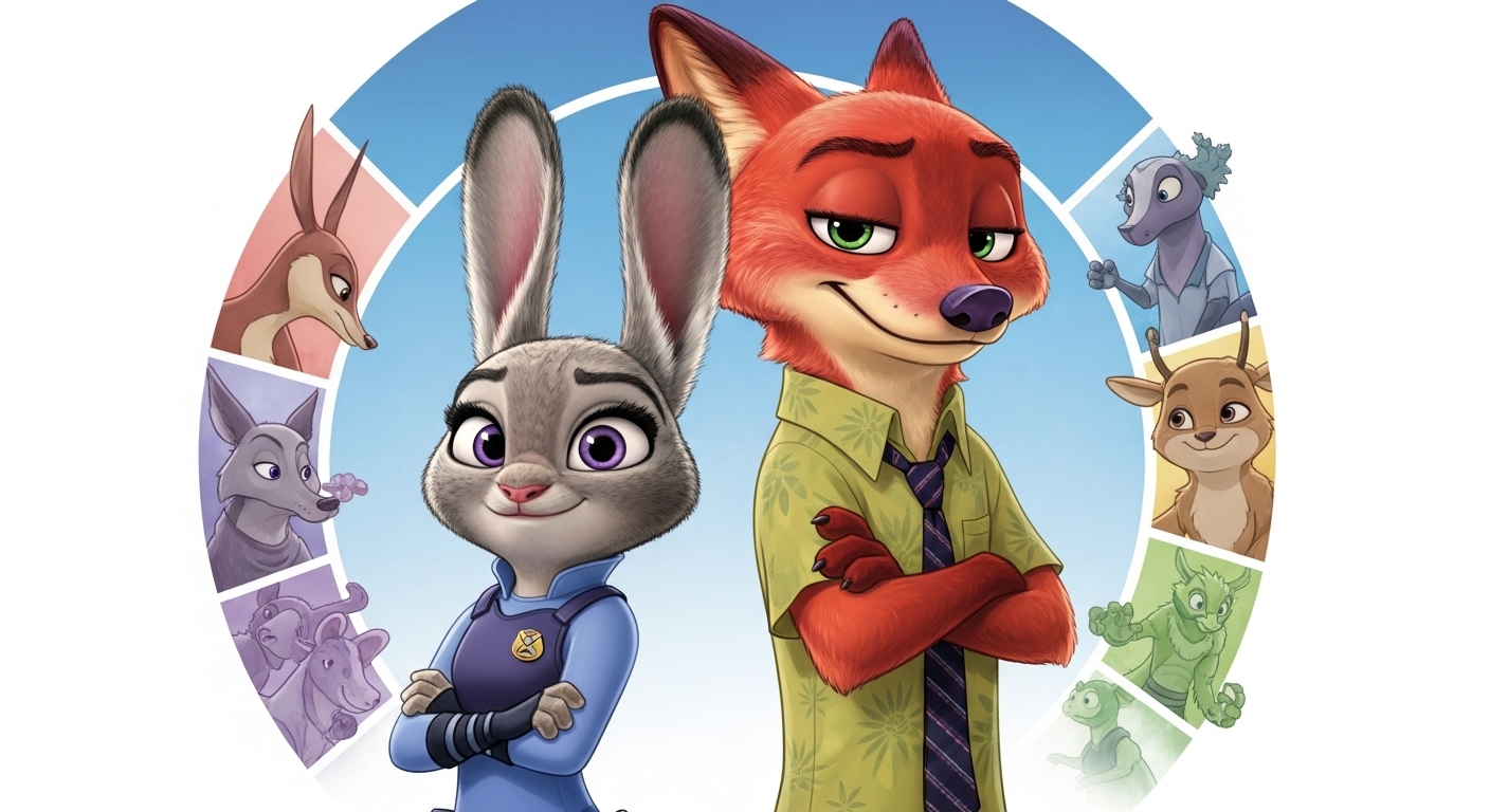 주토피아의 주디 홉스와 닉 와일드가 함께 서서 편견과 차별을 넘어선 공존을 상징하는 모습. 다양성과 포용의 메시지를 나타냅니다.