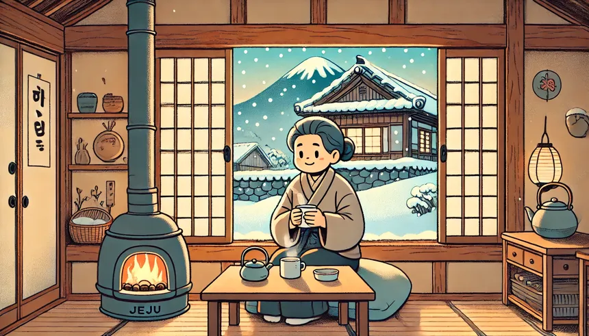 제주시 홀로 사는 어르신이 따뜻한 방 안에서 겨울을 보내는 지브리풍 일러스트 이미지