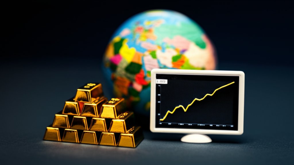 빛나는 금괴와 상승하는 금값 그래프, 중동 긴장을 나타내는 세계 지도, 미니어처 디오라마 스타일, 틸트시프트 효과