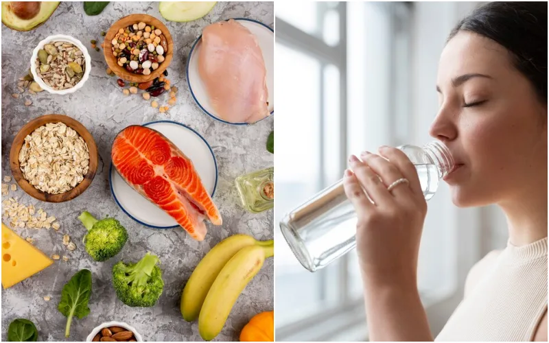 영양이 풍부한 음식과 물을 마시고 있는 여성