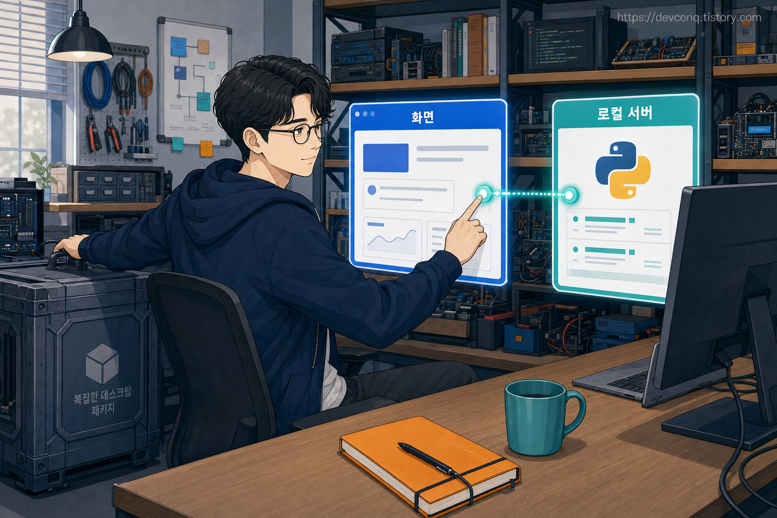 복잡한 데스크톱 패키징 상자를 내려놓고 React 화면과 Python 서버를 연결하는 고정 2D 남성 개발자