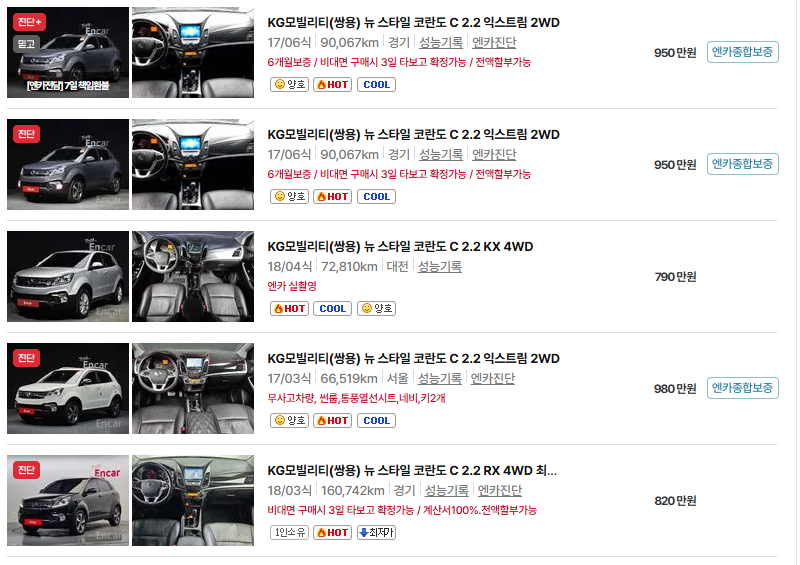 쌍용 코란도 중고차 가격 시세표 유지비