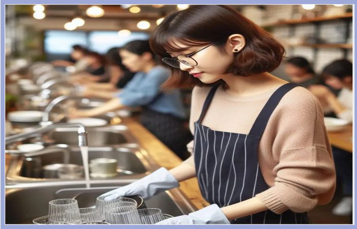 앞치마를 착용한 여성 아르바이트생이 식당 주방에서 유리컵을 세척하고 있는 장면