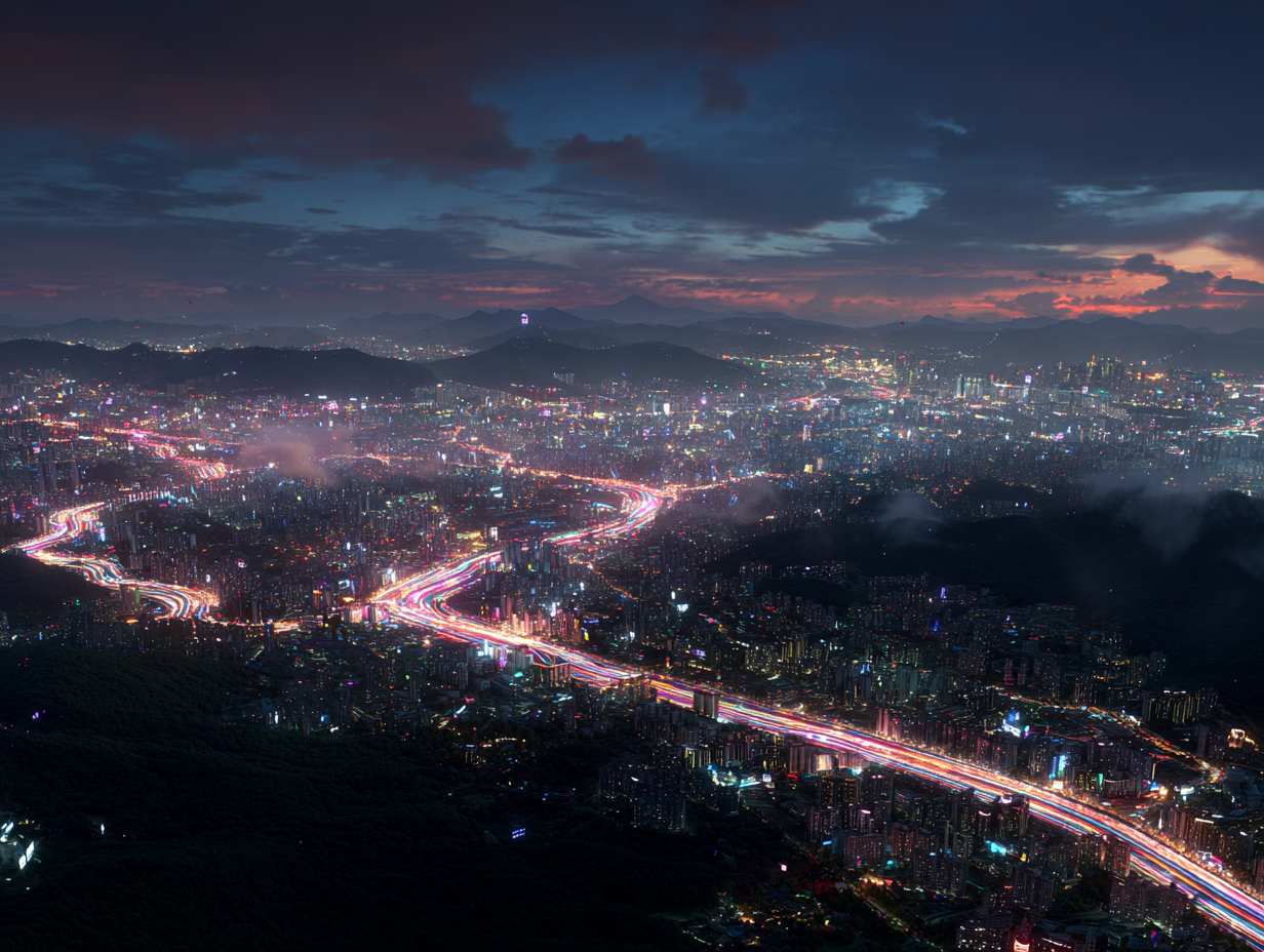 한국 물류 맵, 분주한 야간 도로, 운송 사진